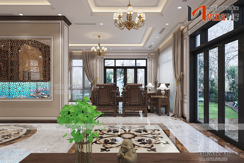 Góc nhìn 3 nội thất phòng khách biệt thự mang tone màu trầm ấm đầy ấn tượng NTBT 1802