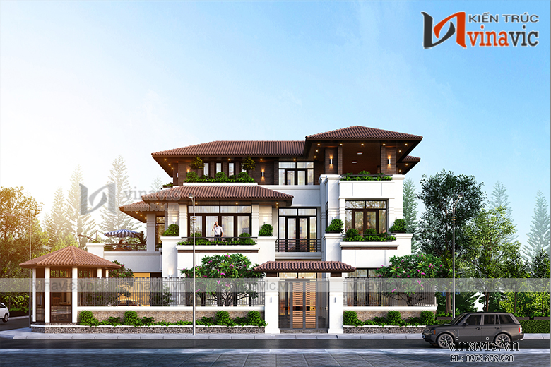 Góc nhìn chính diện của mẫu Thiết kế biệt thự 3 tầng hiện đại với cây xanh quanh nhà BT1910