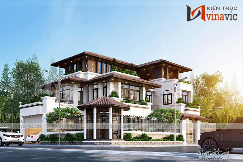 Góc nhìn nghiêng của mẫu thiết kế biệt thự 3 tầng hiện đại với cây xanh quanh nhà BT1910