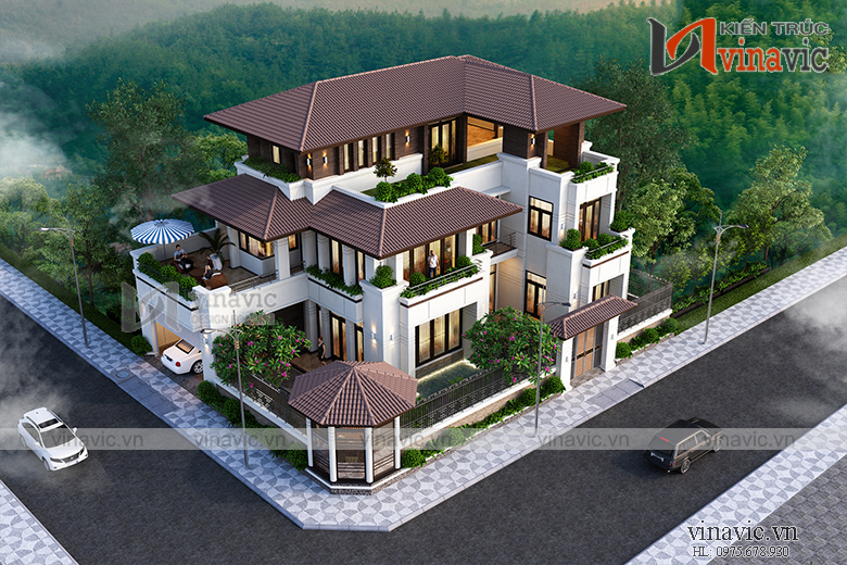 Góc nhìn trên cao của mẫu mẫu thiết kế biệt thự 3 tầng hiện đại với cây xanh quanh nhà BT1910
