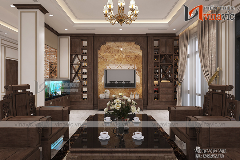 Nội thất phòng khách biệt thự mang tone màu trầm ấm đầy ấn tượng NTBT1802