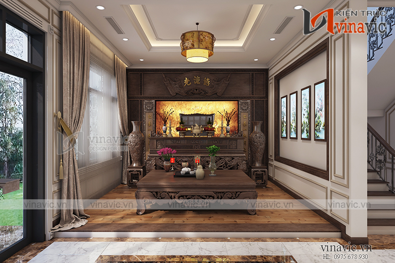 Nội thất phòng thờ biệt thự mang tone màu trầm ấm đầy ấn tượng NTBT 1802