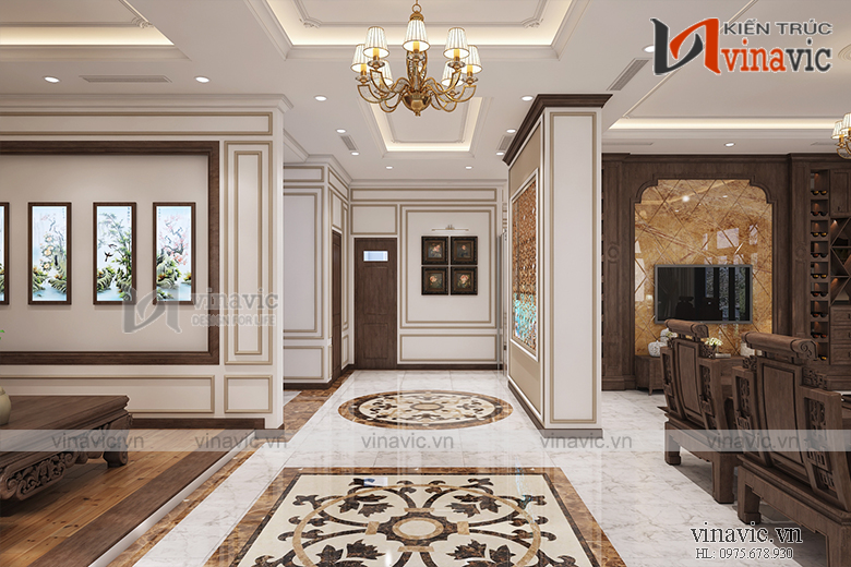 Nội thất sảnh chờ biệt thự mang tone màu trầm ấm đầy ấn tượng NTBT 1802