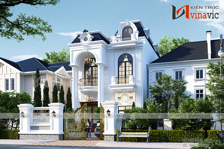 Phối cảnh góc nhìn bên phải Biệt thự phố 120m2 2 tầng mặt tiền 8m sâu 16m tân cổ điển