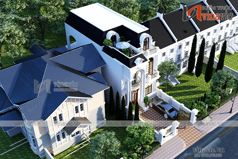 Phối cảnh góc nhìn từ trên xuống Biệt thự phố 120m2 2 tầng mặt tiền 8m sâu 16m tân cổ điển