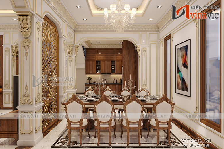 Góc nhìn 2 nội thất phòng bếp ăn biệt thự tone màu gỗ sang trọng NTBT1803