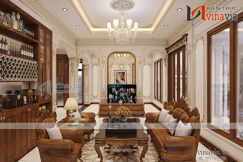 Góc nhìn 2 nội thất phòng khách biệt thự tone màu gỗ sang trọng NTBT1803