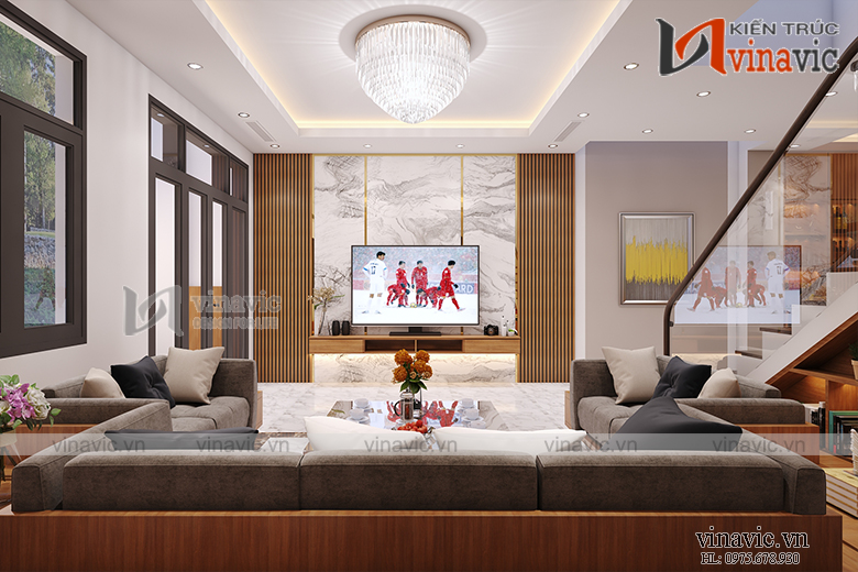 Góc nhìn 2 nội thất phòng khách nhà ống mang phong cách hiện đại NTNO1621