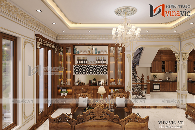 Góc nhìn 3 nội thất phòng khách biệt thự tone màu gỗ sang trọng NTBT1803
