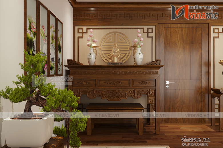 Góc nhìn 3 nội thất phòng thờ nhà ống mang phong cách hiện đại NTNO1621