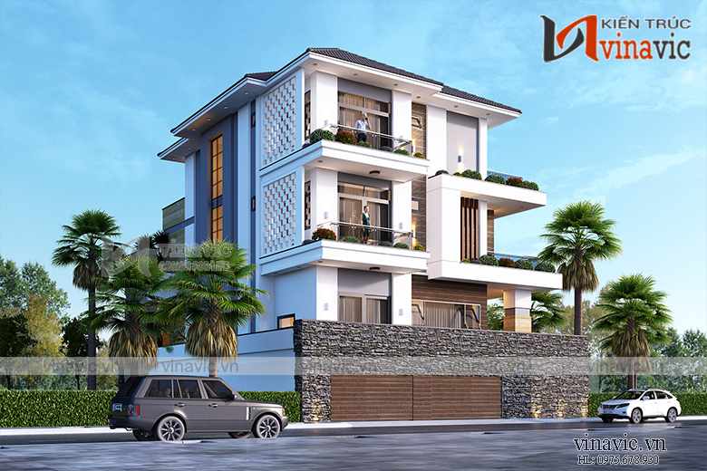 Góc nhìn bên ngoài mẫu biệt thự 3 tầng mái thái hiện đại và tầng hầm đầy ấn tượng BT1909