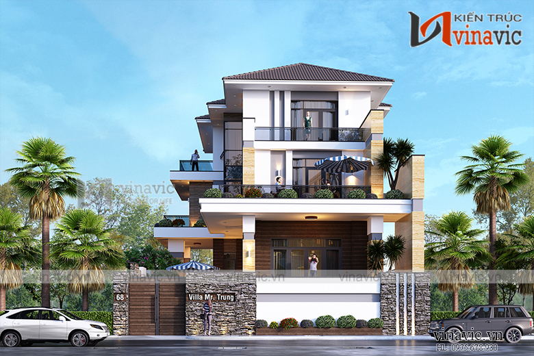 Góc nhìn chính diện mẫu biệt thự 3 tầng mái thái hiện đại và tầng hầm đầy ấn tượng BT1909