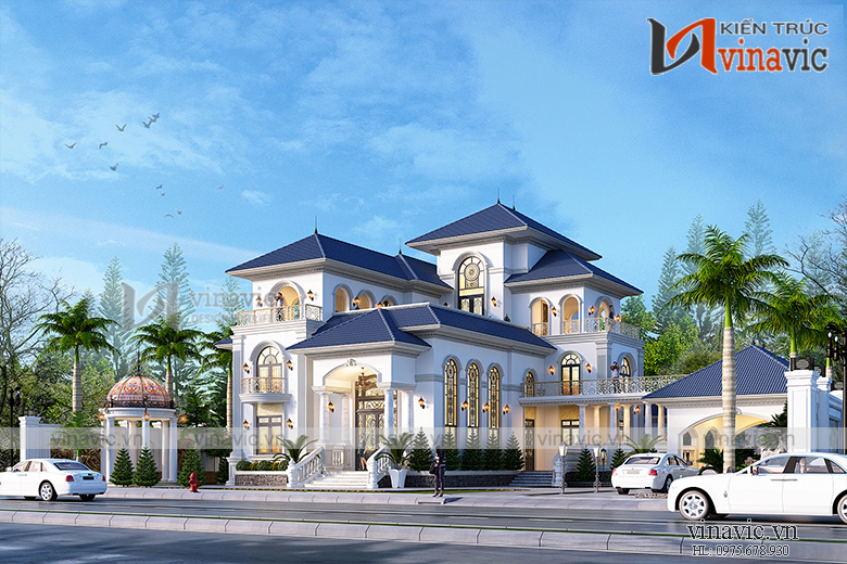 Góc nhìn chính diện mẫu villa 3 tầng mang phong cách tân cổ điển BT1907