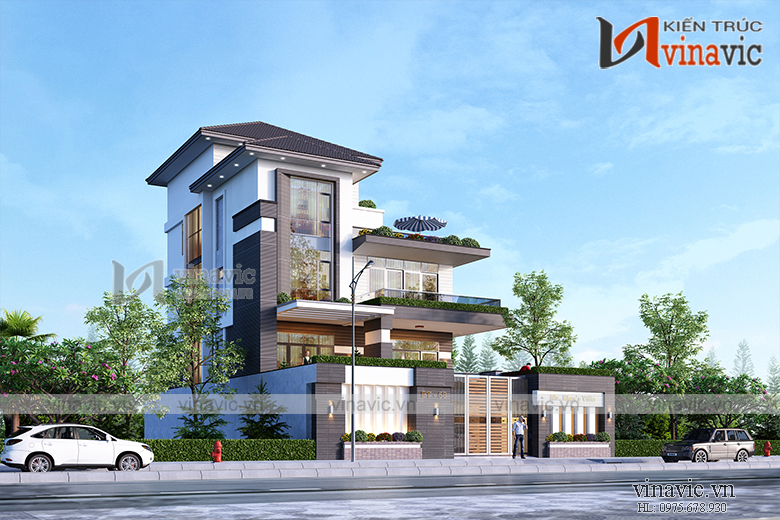 Góc nhìn nghiêng biệt thự 3 tầng 4 phòng ngủ BT1908