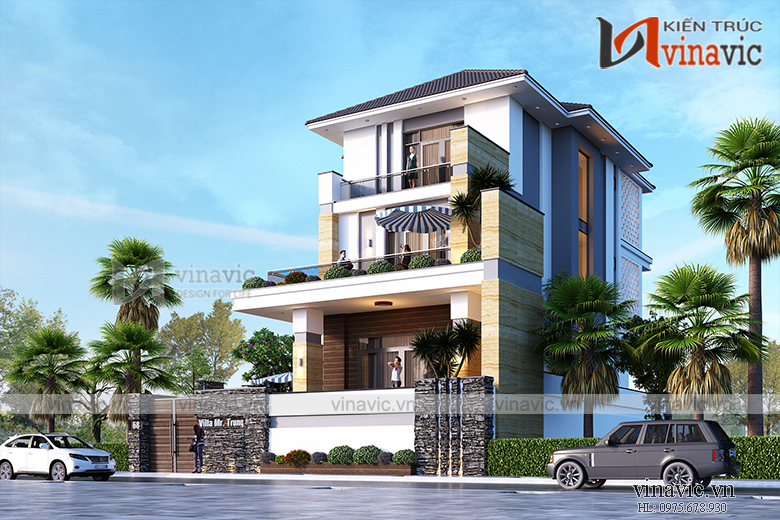 Góc nhìn nghiêng mẫu biệt thự 3 tầng mái thái hiện đại và tầng hầm đầy ấn tượng BT1909