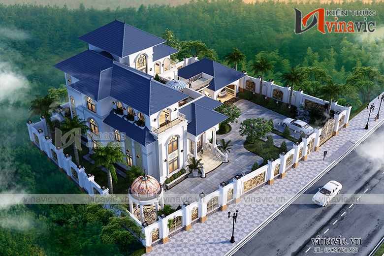 Góc nhìn nghiêng mẫu villa 3 tầng mang phong cách tân cổ điển bt1907