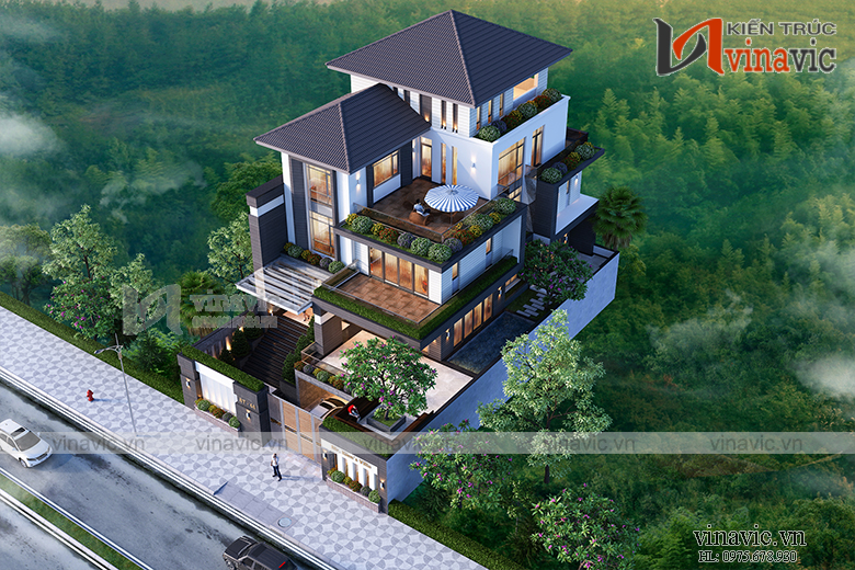 Góc nhìn tổng thể biệt thự 3 tầng 4 phòng ngủ BT1908