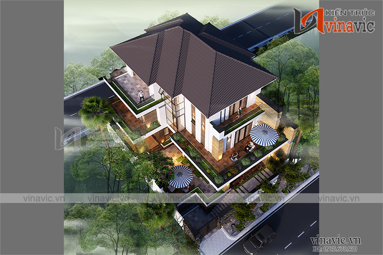 Góc nhìn tổng thể mẫu biệt thự 3 tầng mái thái hiện đại và tầng hầm đầy ấn tượng BT1909