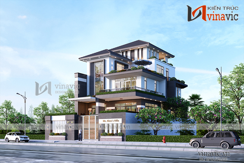 Góc nhìn từ bên ngoài biệt thự 3 tầng 4 phòng ngủ BT1908