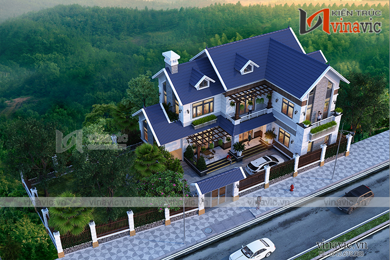 Góc nhìn từ trên cao xuống Mẫu nhà chữ L 2 tầng 140m2 4 phòng ngủ phong cách hiện đại