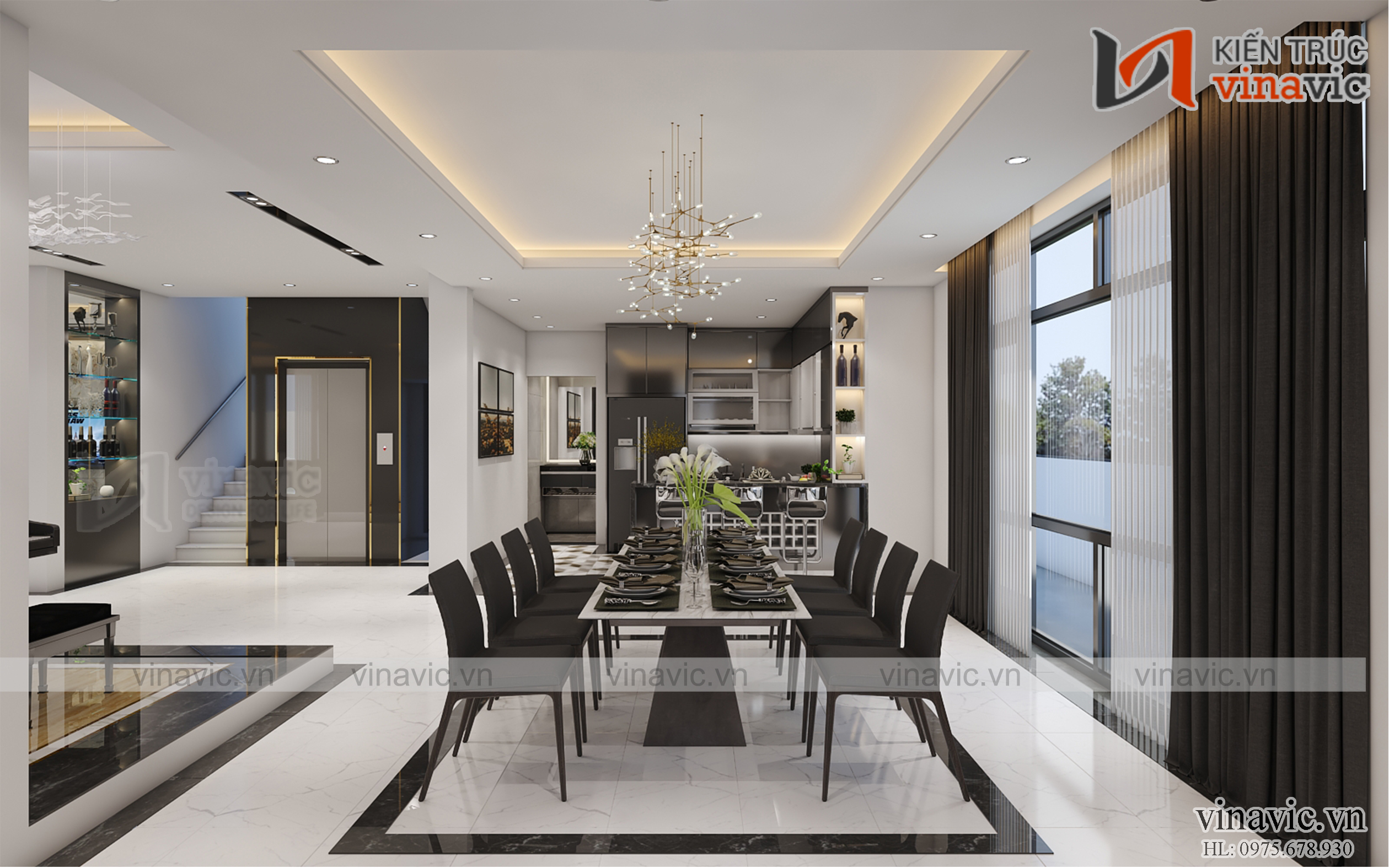 Nội thất phòng bếp Biệt thự 3 tầng 4 phòng ngủ BT1908 mang phong cách hiện đại đầy đủ tiện nghi.