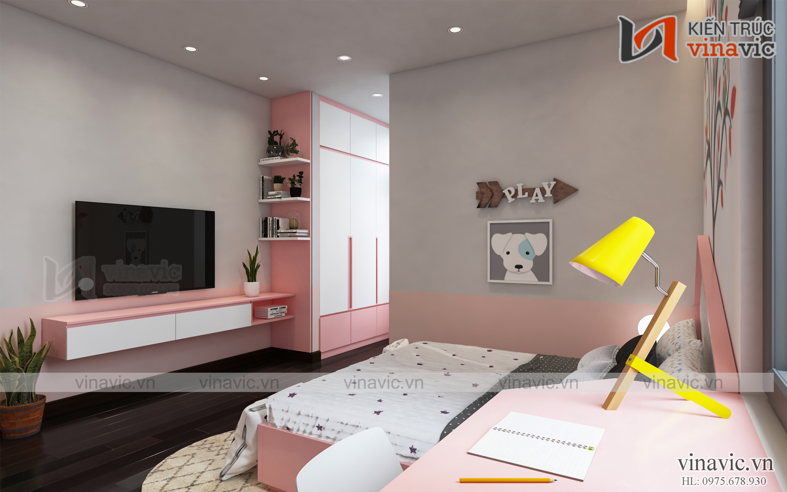 Nội thất phòng ngủ con gái Biệt thự 3 tầng 4 phòng ngủ BT1908 mang phong cách hiện đại đầy đủ tiện nghi.