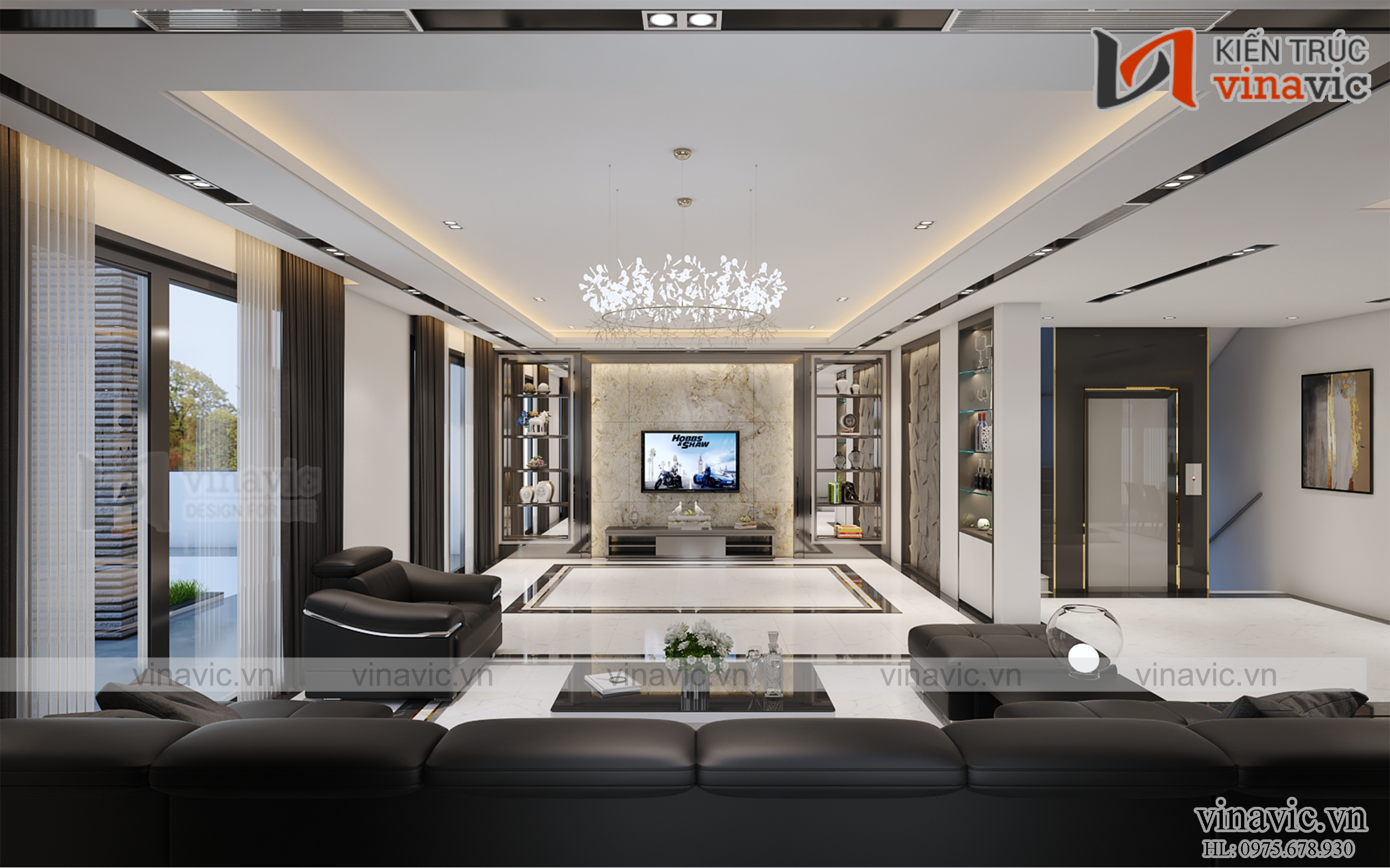 Nội thất phòng khách Biệt thự 3 tầng 4 phòng ngủ BT1908 mang phong cách hiện đại đầy đủ tiện nghi.