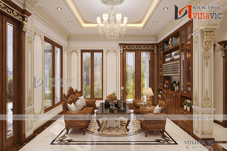 Nội thất phòng khách biệt thự tone màu gỗ sang trọng NTBT1803