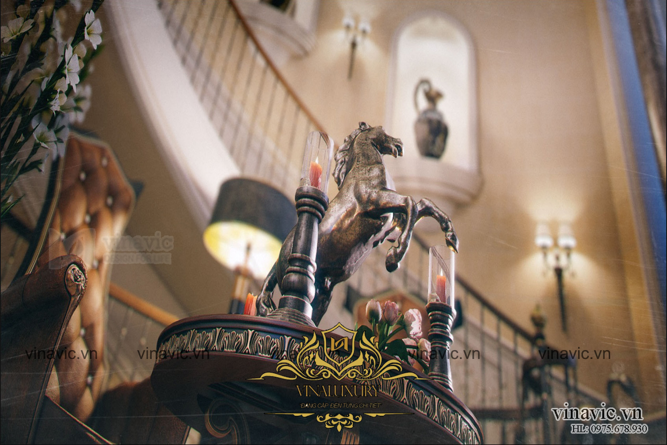 Nội thất khác của thiết kế lâu đài kiểu Pháp LDDT1901 ở góc nhìn cận cảnh. Ở đây các bạn nhìn thấy một hình ảnh của chiếc bàn được làm sắc nét và lu mờ các không gian khác. Bởi chính sự độc đáo của hình ảnh chiếc bàn bằng đồng rất ấn tượng này. Thiết kế đặc biệt này được gia chủ đích thân chọn lựa từ Châu Âu bởi vẻ đẹp tinh tế và hết sức đặc biệt của nó. Từ chất liệu kiểu dáng đến hình ảnh đều thỏa mãn thôi thúc mong muốn được sở hữu của gia chủ. Vì thế kiến trúc sư Vinavic đã chọn lựa vị trí phù hợp nhất để đặt chiếc bàn và làm tôn lên vẻ hoàng gia của nó.