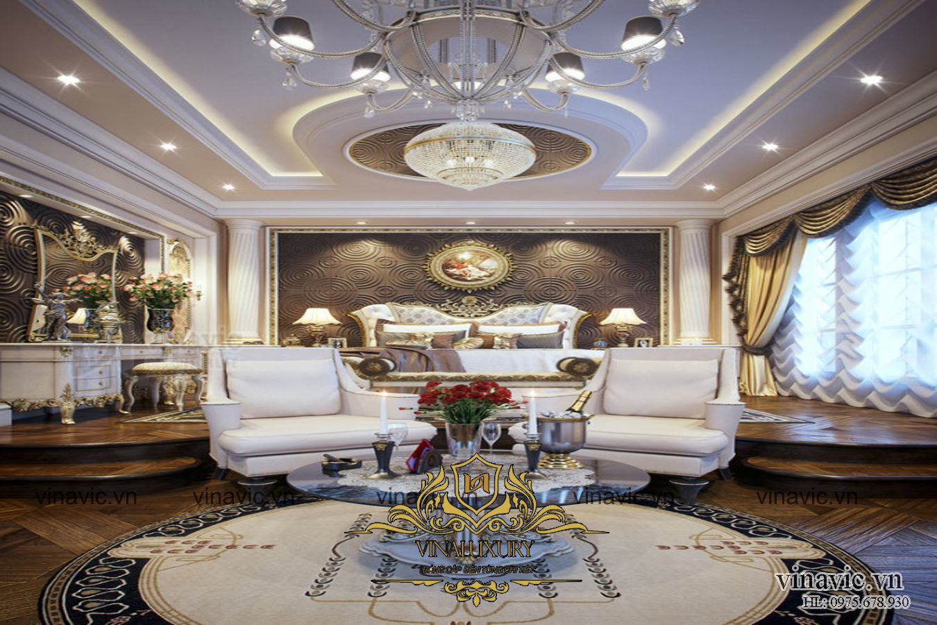 Nội thất phòng ngủ của thiết kế lâu đài kiểu Pháp LDDT1901. Phòng ngủ là một trong những không gian quan trọng nhất trong nhà vì lẽ một con người có đến một phần ba cuộc đời dành để ngủ. Và chắc chắn rằng một chiếc giường êm ái một chiếc chăn ấm áp luôn được mỗi gia chủ cẩn thận chọn lựa. Và ở đây không gian phòng ngủ ngập sắc trắng, đan xen là những mản tường nâu với các họa tiết hoa văn đắp nổii đặc sắc. Căn phòng được thiết kế rộng với chiếc giường lớn và bàn trà bàn trang điểm đều có kích thước tương xứng mang đến không gian đẳng cấp nhất.