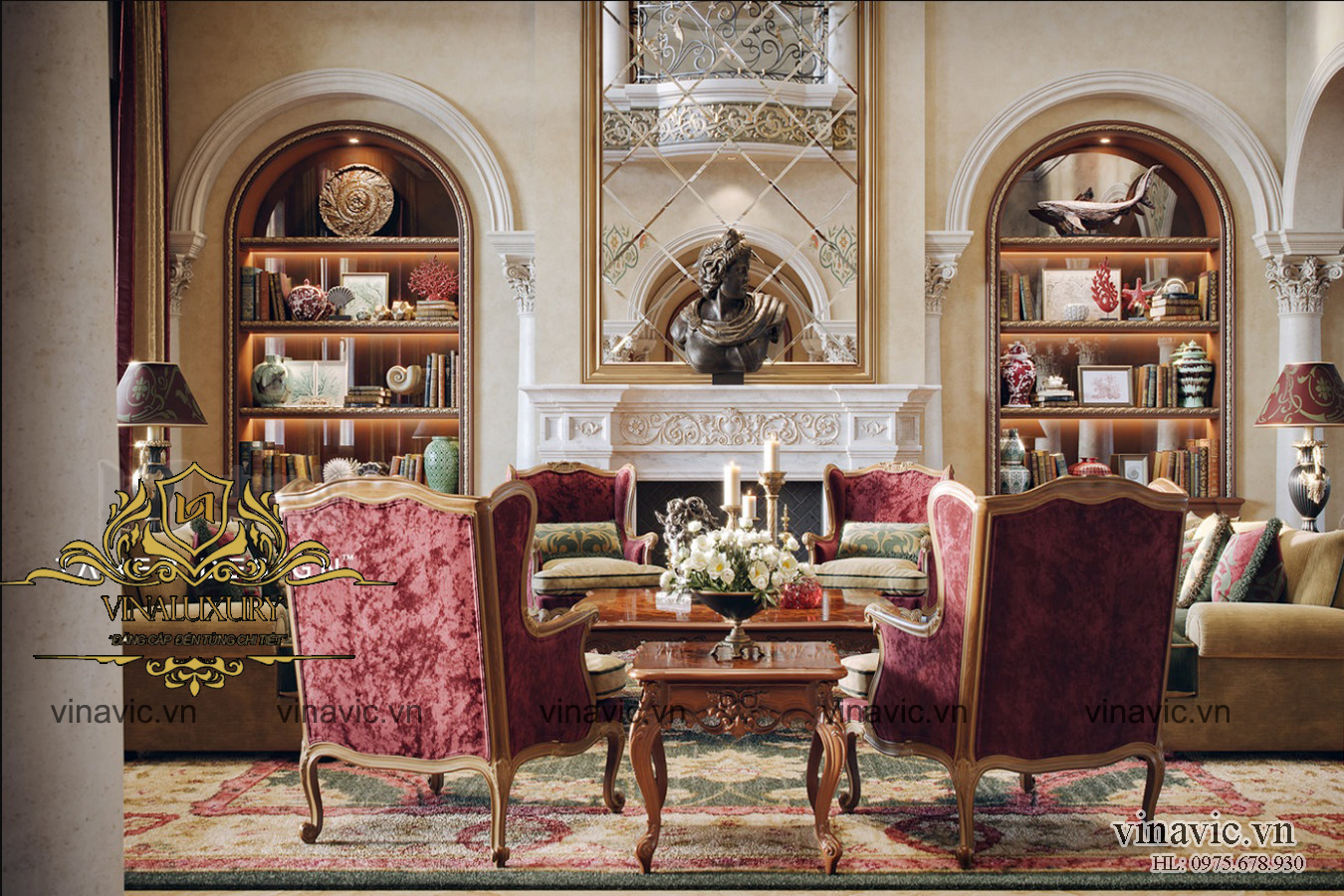 Nội thất dinh thự 1 tầng. Các bạn đang chiêm ngưỡng hình ảnh nội thất mang phong cách cổ điển mẫu trong dinh thự 1 tầng. Đi theo phong cách cổ điển xuyên suốt của mẫu thiết kế dinh thự thiết kế nội thất cũng thể hiện những nét đặc trưng như là tính đối xứng, vẻ đẹp tinh tế và hấp dẫn và đậm chất thời đại thể hiện qua từng chi tiết nội thất. Đi kèm với đó những đồ trang trí rất quý giá với giá trị lớn được nhập khẩu trực tiếp từ Châu Âu mang đến không gian sống sang trọng, quý phái và hoàng gia nhất.