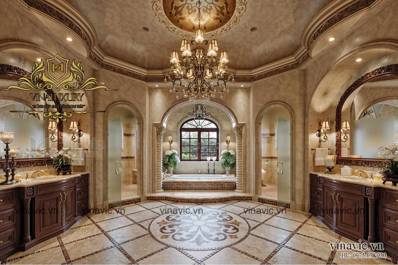 Nội thất phòng tắm dinh thự 1 tầng được thiết kế với diện tích lớn với đầy đủ trang thiết bị tiện nghi nhất. Ở đó sàn nhà được trang trí tỉ mỉ. Trần nhà cùng tường được sử dụng đá hoa cương với hoa văn vân may xinh đẹp. Bồn tắm được thiết kế với trang thiết bị hiện đại nhất, giúp gia chủ thư thái nhất. Hình ảnh lung linh của phòng tắm được thể hiện qua ánh đèn chùm rực rỡ, cùng với đó những chiếc gương với khung mạ đồng óng ánh càng tôn lên vẻ quyền quý cho căn phòng.