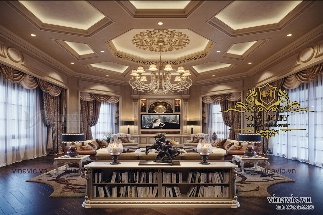 Nội thất phòng khách dinh thự 1 tầng. Phòng khách ở dinh thự là phòng rộng nhất trong biệt thự với không gian lớn. Cũng như phòng khách là nơi nguồn ánh sáng tự nhiên nhiều nhất với hệ thống cửa sổ lớn với những ô cửa kính màu trắng sáng. Hệ rèm cửa trong phòng được sử dụng những các loại lụa tốt, với những họa tiết cổ điển hài hòa bắt mắt hoa văn cầu kỳ, và rất dễ tạo và giữ nếp với màu sắc cùng tông màu với màu của toàn bộ không gian phòng khách. 
