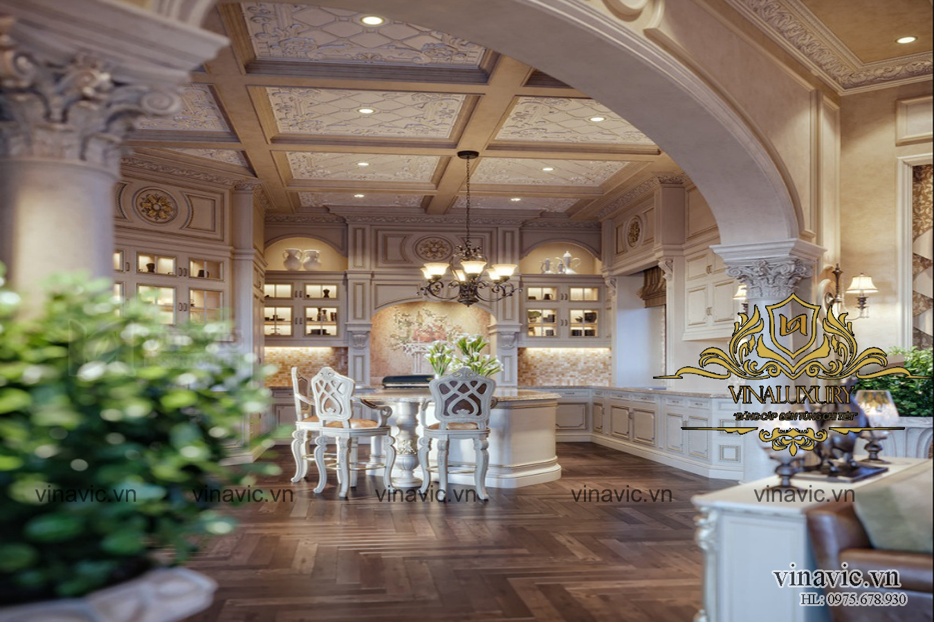 Nội thất phòng bếp dinh thự 1 tầng được đặc trưng với màu kem nhạt với hệ tủ bếp lớn chạy xung quanh phòng bếp, cho thấy sự tiện nghi đáng mơ ước trong công việc nấu nướng của những đầu bếp không chuyên hay chuyên nghiệp. Chỉ cần một lần được sử dụng những đồ làm bếp với sự đầy đủ và tiện dụng cũng là mong ước của bao người. Tủ bếp và những ngăn kéo được trang trí với những tay cầm mạ vàng được cách điệu rất công phu và tỉ mỉ. Những trang thiết bị hiện đại trong phòng bếp được khéo léo ngụy trang qua những cánh tủ là điểm cộng lớn trong thiết kế nội thất phong cách cổ điển ở thiết kế này.