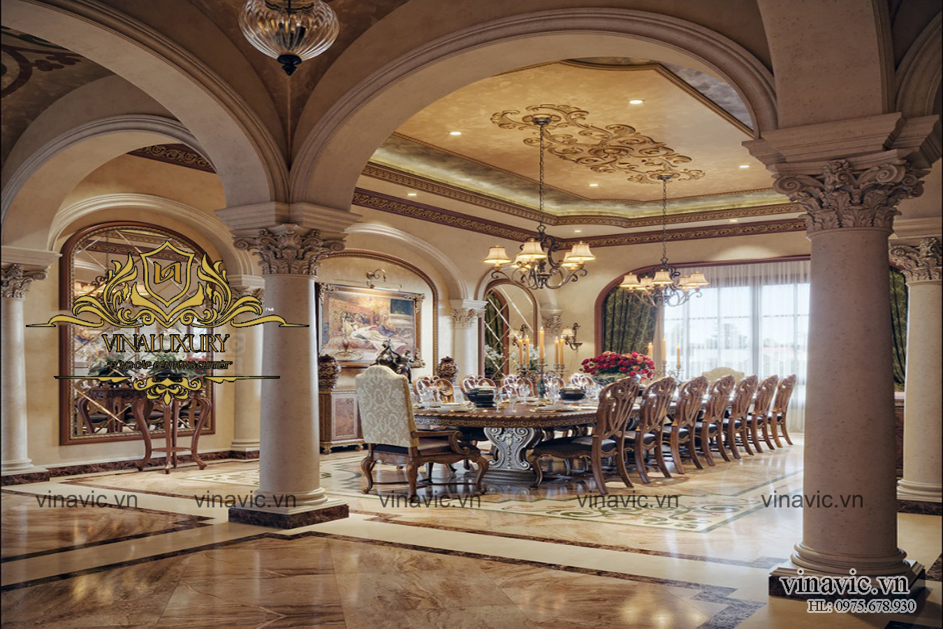 Nội thất phòng ăn dinh thự 1 tầng đi theo phong cách cổ điển với điểm nhấn chính là bộ bàn ăn lớn ở giữa phòng. Phong cách hoàng gia lột tả được hết qua hình ảnh bàn ăn với những đồ nội thất đắt đỏ, cùng với những vật dụng cao cấp. Đi cùng với nó là sự chan hòa của ánh sáng thiên nhiên thông qua hệ cửa sổ lớn. Trong thiết kế nội thất phong cách cổ điển việc lấy sáng luôn được chú trọng để ở bất kỳ góc nào của ngôi nhà cũng chan hòa ánh sáng cùng với việc thư giãn nhìn ngắm không gian sống xanh phía ngoài nhà. Ngoài ra ánh sáng của những chiếc đèn chùm được tính toán hợp lý, mang đến nguồn sáng dịu nhẹ lung linh nhất tạo không gian thoải mái tăng cảm giác ngon miệng cho mỗi bữa ăn. 