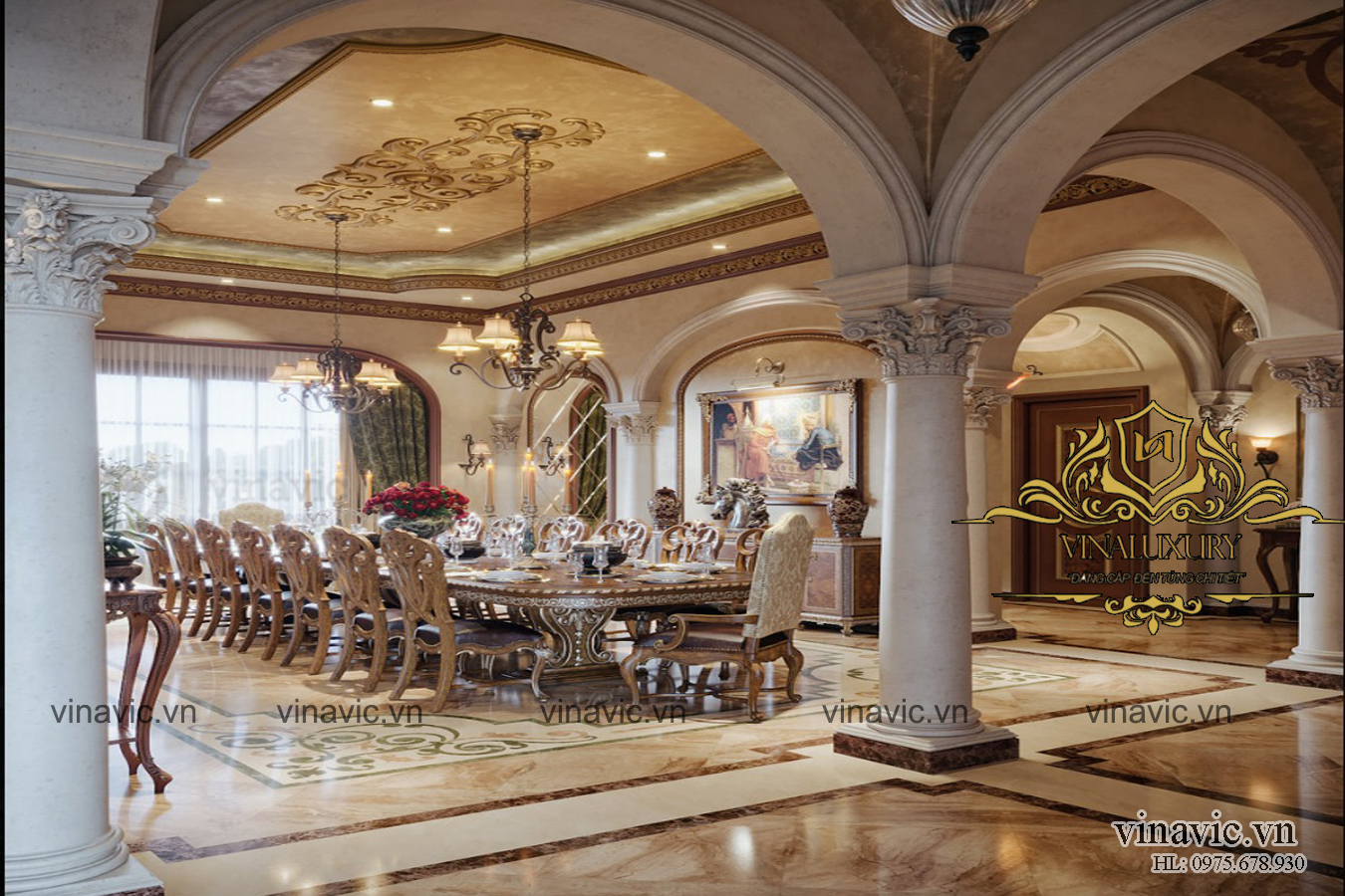 Nội thất phòng ăn dinh thự 1 tầng ở góc nhìn khác ở đây ta có thể nhìn rõ ràng hoa văn đắp nổi một cách nghệ thuật nơi trần nhà. Trong phong cách thiết kế nội thất cổ điển trần nhà cùng tường và sàn được thiết kế hết sức chỉnh chu. Đòi hỏi sự khéo léo của đôi bàn tay người thợ lành nghề bởi độ làm thủ công cao. Đồng thời màu sắc với tông màu gỗ được khéo léo ứng dụng để làm cho không gian nơi phòng ăn cũng như các phòng khác trong nhà không bị tối mà thêm ấm áp, rực rỡ. Trên bàn ăn là những bông hoa rực rỡ được với lọ hoa cổ có giá trị mang đến vẻ đẹp sang trọng nhất cho không gian phòng ăn.