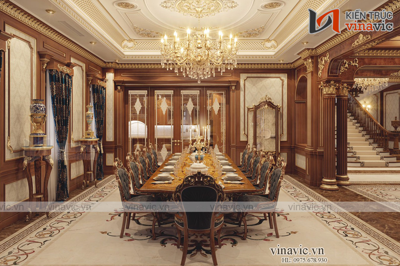 Nội thất phòng ăn Thiết kế dinh thự độc đáo lạ mắt nhất Việt Nam LDDT1904. Với thiết kế bàn ăn lớn, mang phong cách châu âu là điểm nhấn chính trong thiết kế nội thất dinh thự này. Tôi đoán chắc rằng ai cũng choáng ngợp trước không gian rộng rãi, thoáng đãng và sang trọng của phòng ăn lớn này. Chính giữa bàn ăn là chếc đèn chùm pha lê sang trọng. Các diện tường được trang trí sắc nét ấn tượng. Trần thạch cao được trang trí với các hoa văn cầu kỳ đẹp mắt. Quá đẹp phải không ạ.