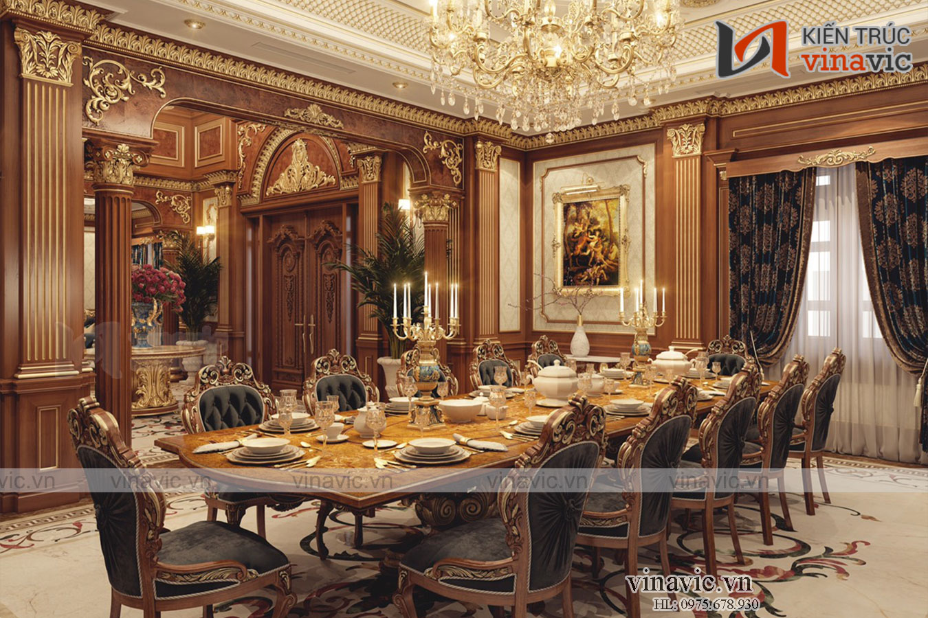Nội thất phòng ăn Thiết kế dinh thự độc đáo lạ mắt nhất Việt Nam LDDT1904. Còn đây là một góc nhìn khác của nội thất phòng ăn. Với hình ảnh màu nâu dát vàng được bố trí khắp căn phòng cùng bộ bàn ghế ăn đồng điệu tôn lên vẻ đẹp đẳng cấp, độc nhất vô nhị cho phòng ăn của gia chủ. 