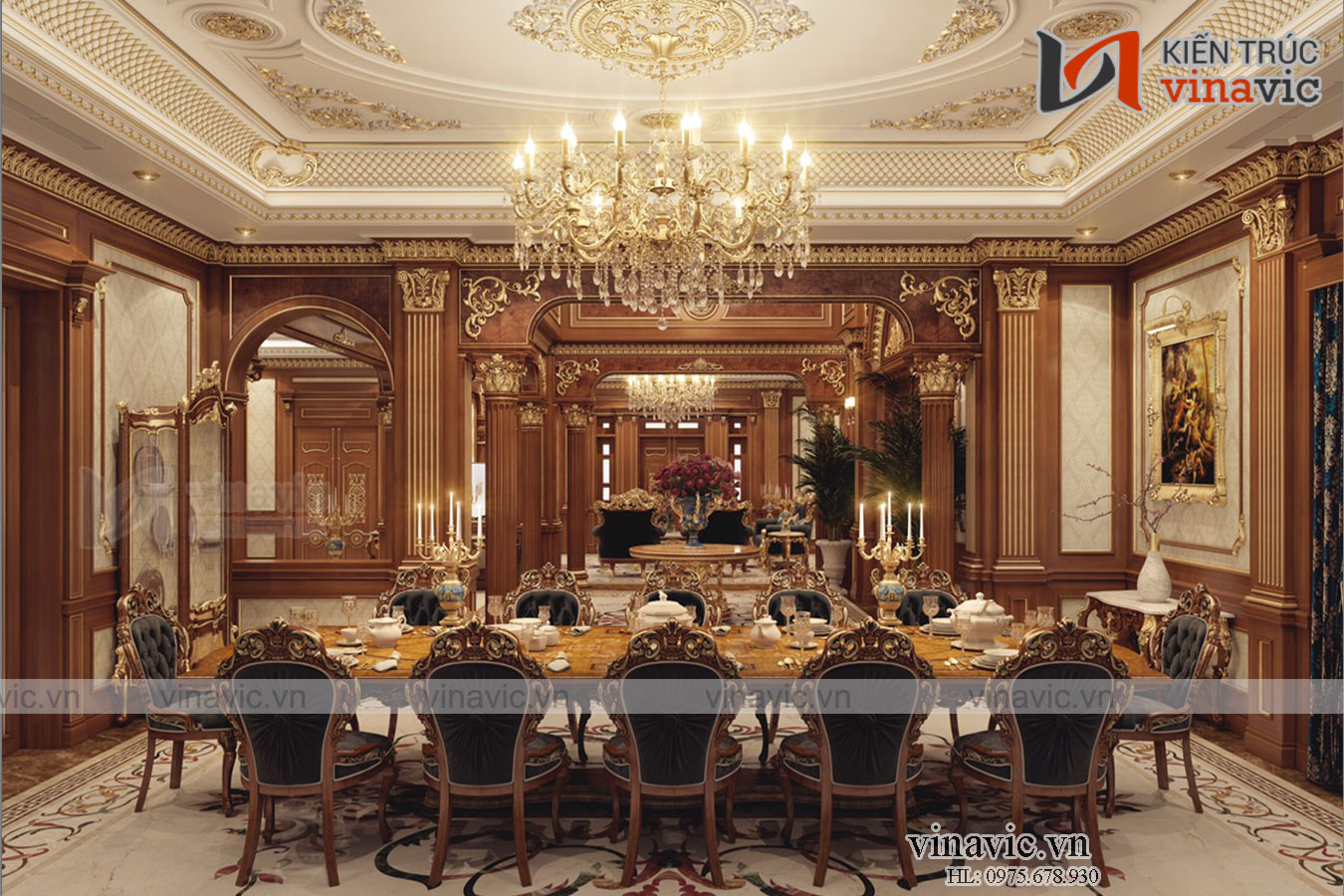 Nội thất phòng ăn Thiết kế dinh thự độc đáo lạ mắt nhất Việt Nam LDDT1904. Ở đây chúng ta nhìn thấy hình ảnh phòng ăn và phòng khách được ngăn cách bởi sảnh chờ, nơi đó bàn để một bình hoa sang trọng. Không gian ngôi nhà được đặc trưng bằng gỗ rất ấm cúng, sang trọng. Với màu trắng của trần với các hoa văn màu vàng sáng nổi bật. Tạo nên sự đồng điệu trong thiết kế, khẳng định vị thế gia chủ, và ai ghé thăm dinh thự một lần chắc chắn sẽ nhớ mãi vẻ đẹp sang trọng của dinh thự.