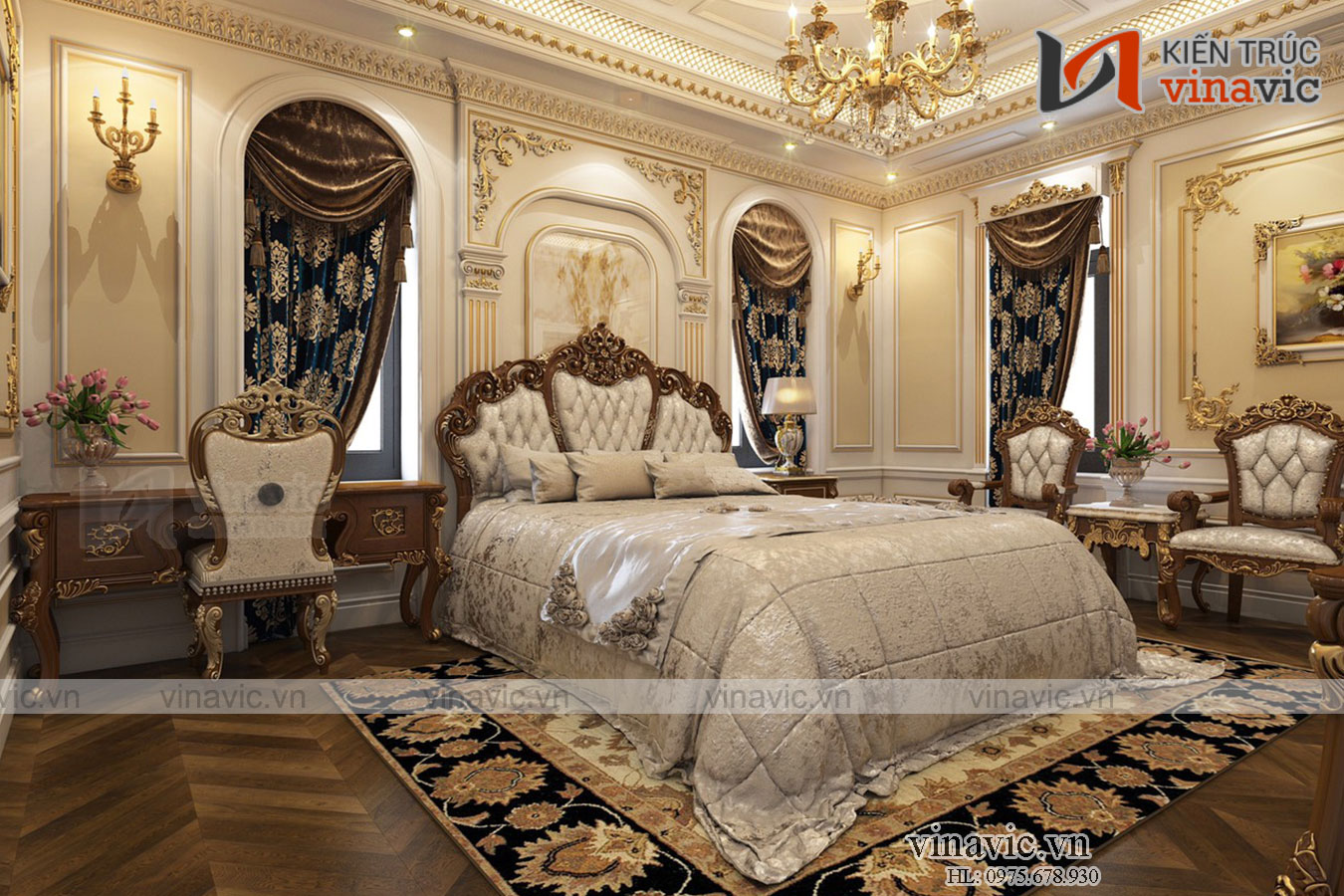 Nội thất phòng ngủ Thiết kế dinh thự độc đáo lạ mắt nhất Việt Nam LDDT1904. Chủ đề chính của phòng ngủ này là phong cách hoàng gia, đẳng cấp. Với sự kết hợp của màu bạc cùng màu xanh thẫm. Rèm cửa cùng thảm được thiết kế màu tối. Các nội thất khác thiết kế màu bạc cùng với hoa văn mạ vàng nổi bật. Tôn lên vẻ đẹp hoàng gia cho phòng ngủ. Chiếc giường cùng bộ chăn ga gối đệm đồng màu sang trọng.