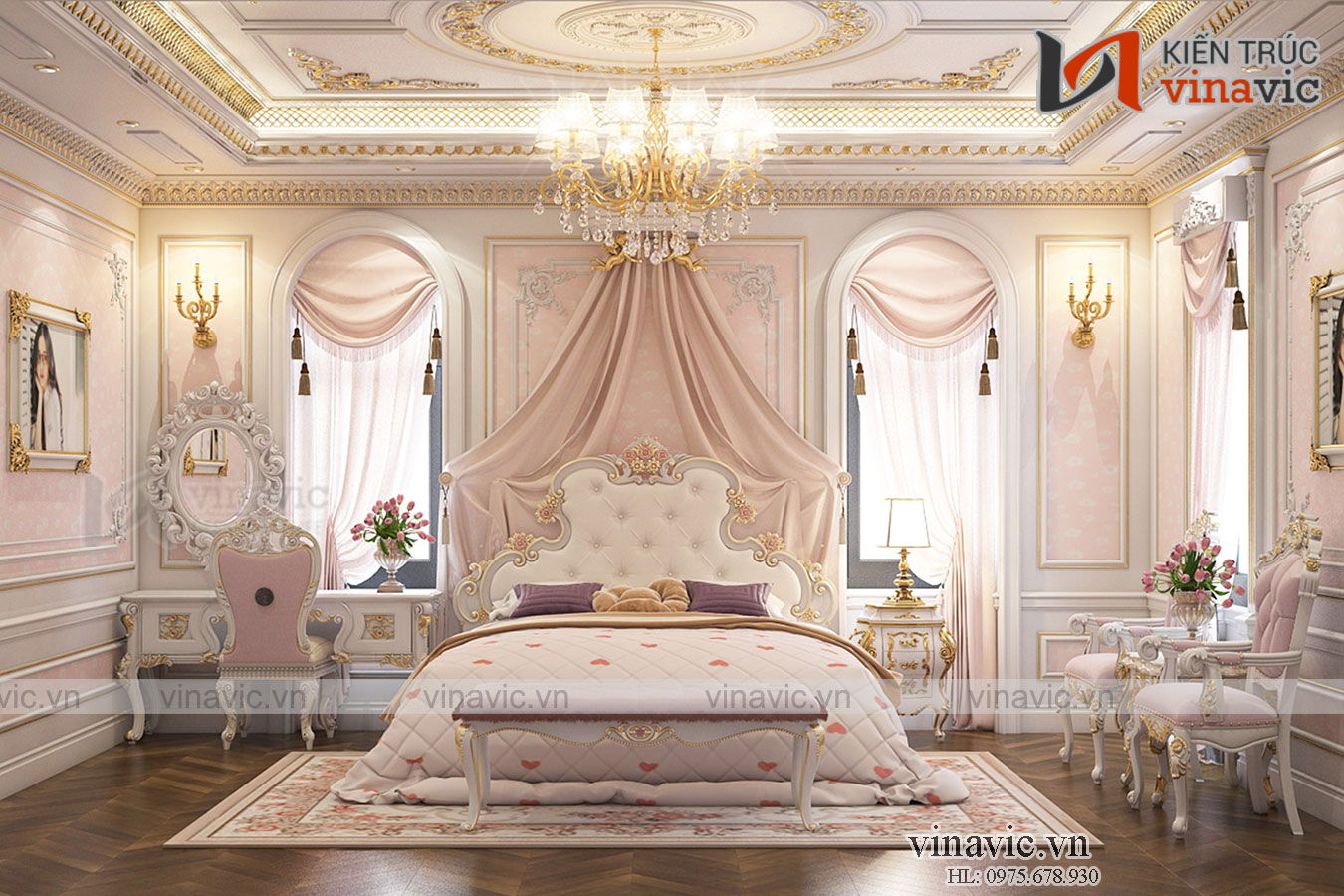 Nội thất phòng ngủ Thiết kế dinh thự độc đáo lạ mắt nhất Việt Nam LDDT1904. Nội thất một phòng ngủ khác trong dinh thự. Phòng ngủ này mang phong cách công chúa với giường ngủ cùng các chi tiết trang trí màu hồng nhẹ nhàng. Đặc biệt chiếc màn công chúa là điểm nhấn chính của căn phòng rất ấn tượng phải không ạ.