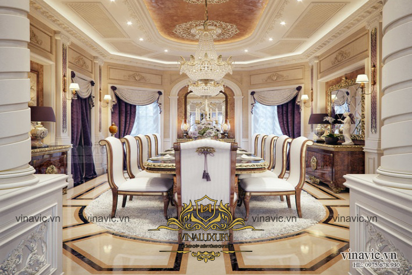 Góc nhìn khác của nội thất phòng ăn biệt thự lâu đài LDDT2001. Những trang thiết bị nội thất của phòng ăn được gia chủ coi trọng và được nhập khẩu từ Châu Âu về. Không chỉ giá thành đắt đỏ mà còn vô cùng xa hoa, tinh tế. Từ chiếc thảm trải sàn đến những chiếc ghế, chiếc bàn, … đều rất thượng lưu. Mặt khác những viên gạch lát sàn cao cấp với độ bóng, màu sắc ấn tượng mang đến không gian phòng ăn lung linh. Những bức tường với những phù điêu trang trí với họa tiết hoa văn kết hợp rèm cửa màu tím nổi bật mang đến không gian phòng ăn thoáng đãng nhất cho những bữa ăn hoàng gia.