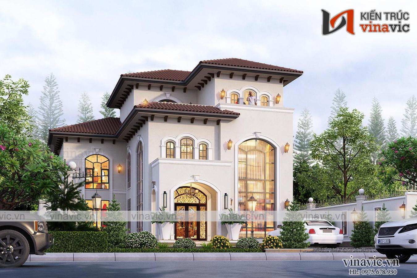 Góc nhìn chính Biệt thự 3 tầng mặt tiền 12m mỗi sàn 180m phong cách địa trung hải