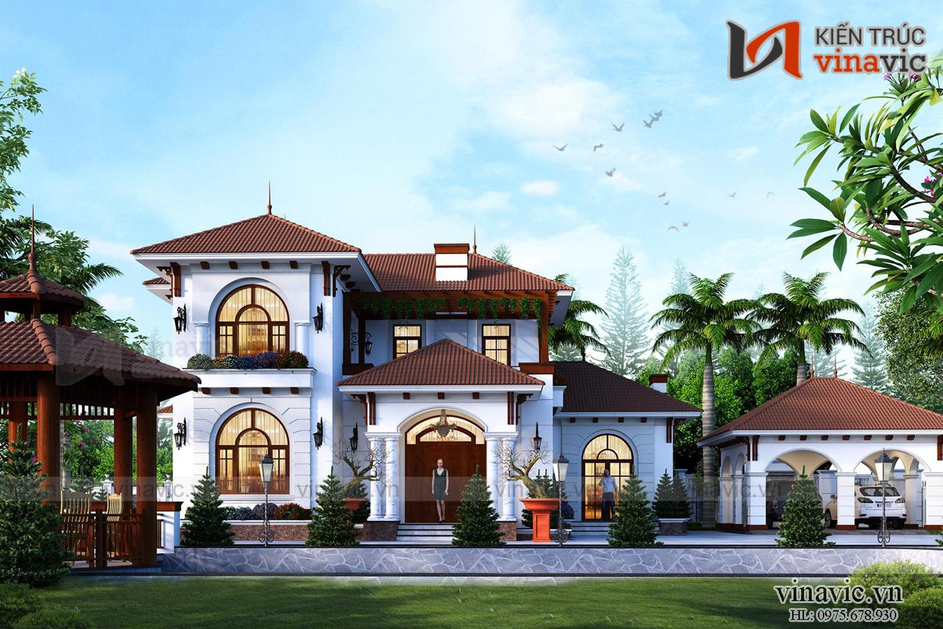 Mẫu nhà chữ L đẹp 2 tấng 180m2 3 phòng ngủ mặt tiền rộng 12m BT2001