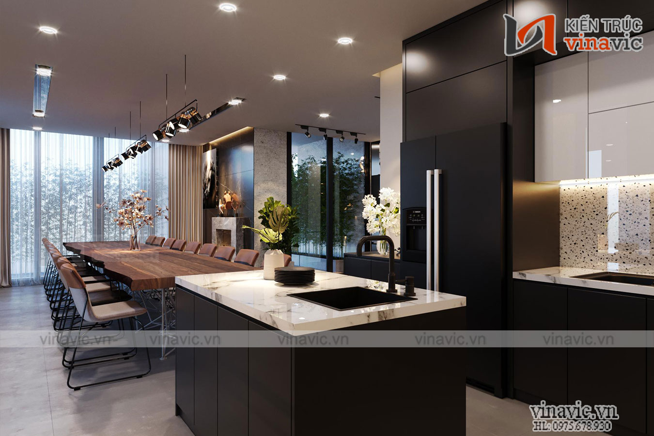 Phòng bếp và phòng ăn Biệt thự 2 tầng hiện đại 500m2 có hồ cá koi ở Mộc Châu- Sơn La BT2008