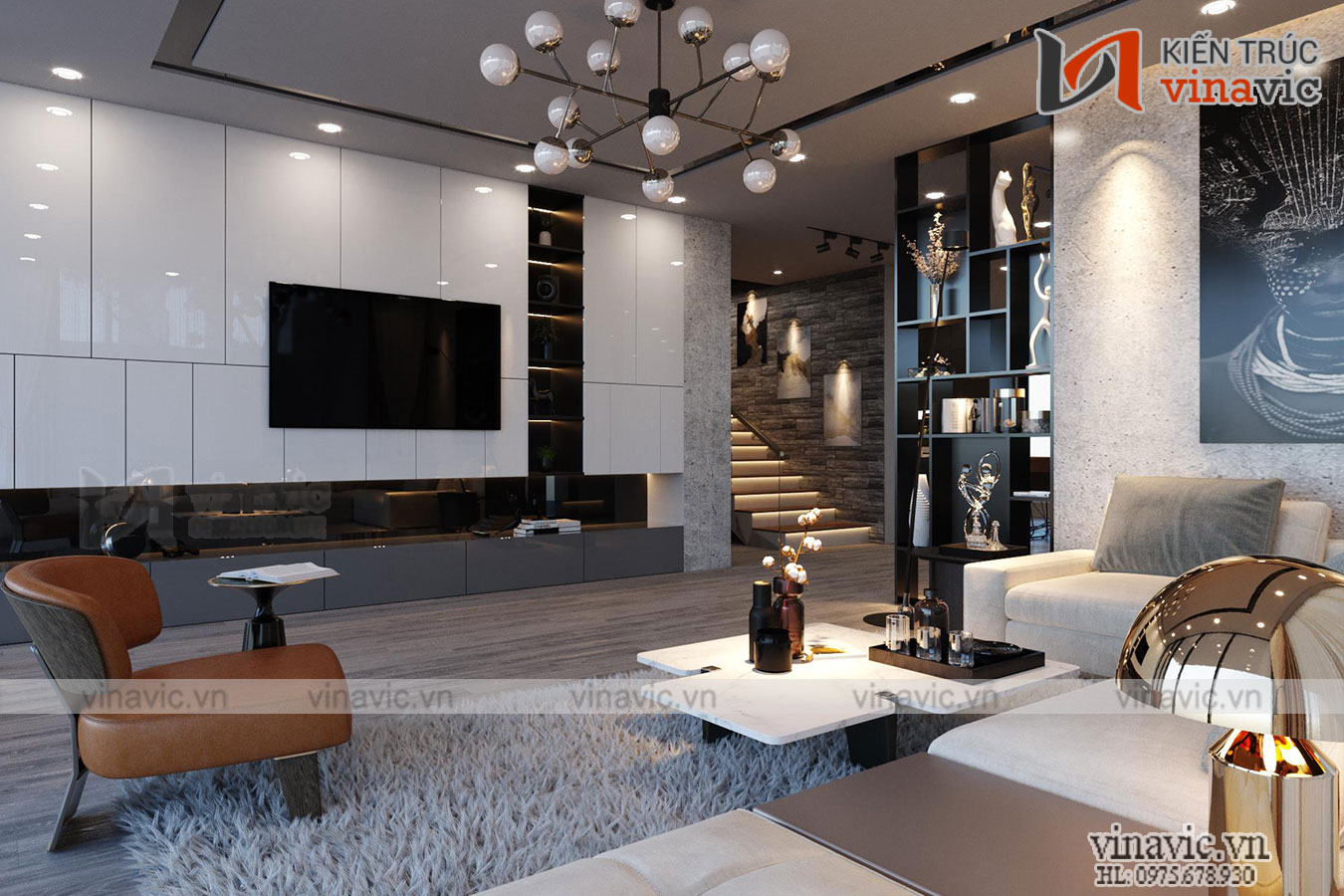 Phòng khách Biệt thự 2 tầng hiện đại 500m2 có hồ cá koi ở Mộc Châu- Sơn La BT2008