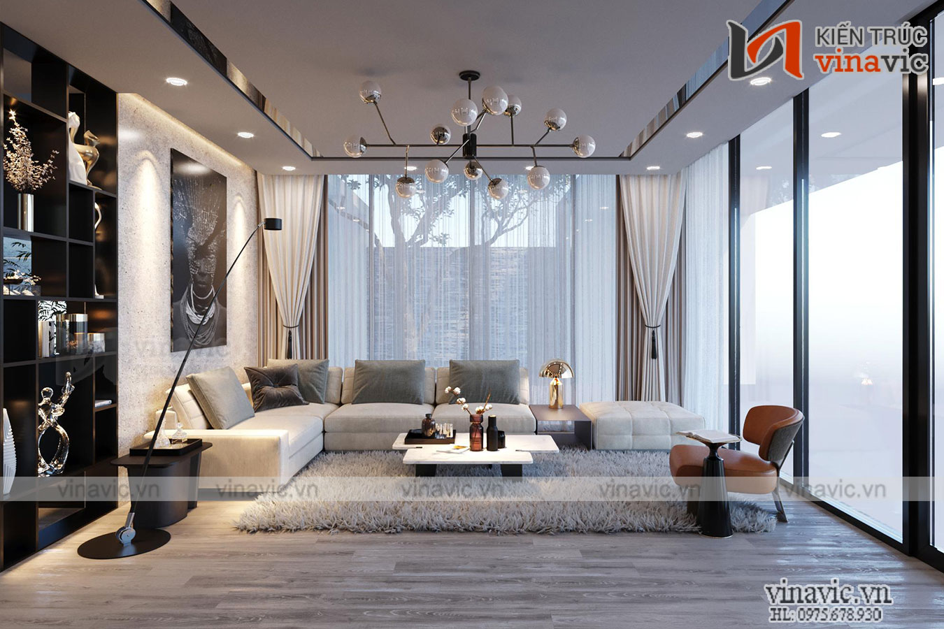 Phòng khách Biệt thự 2 tầng hiện đại 500m2 có hồ cá koi ở Mộc Châu- Sơn La BT2008