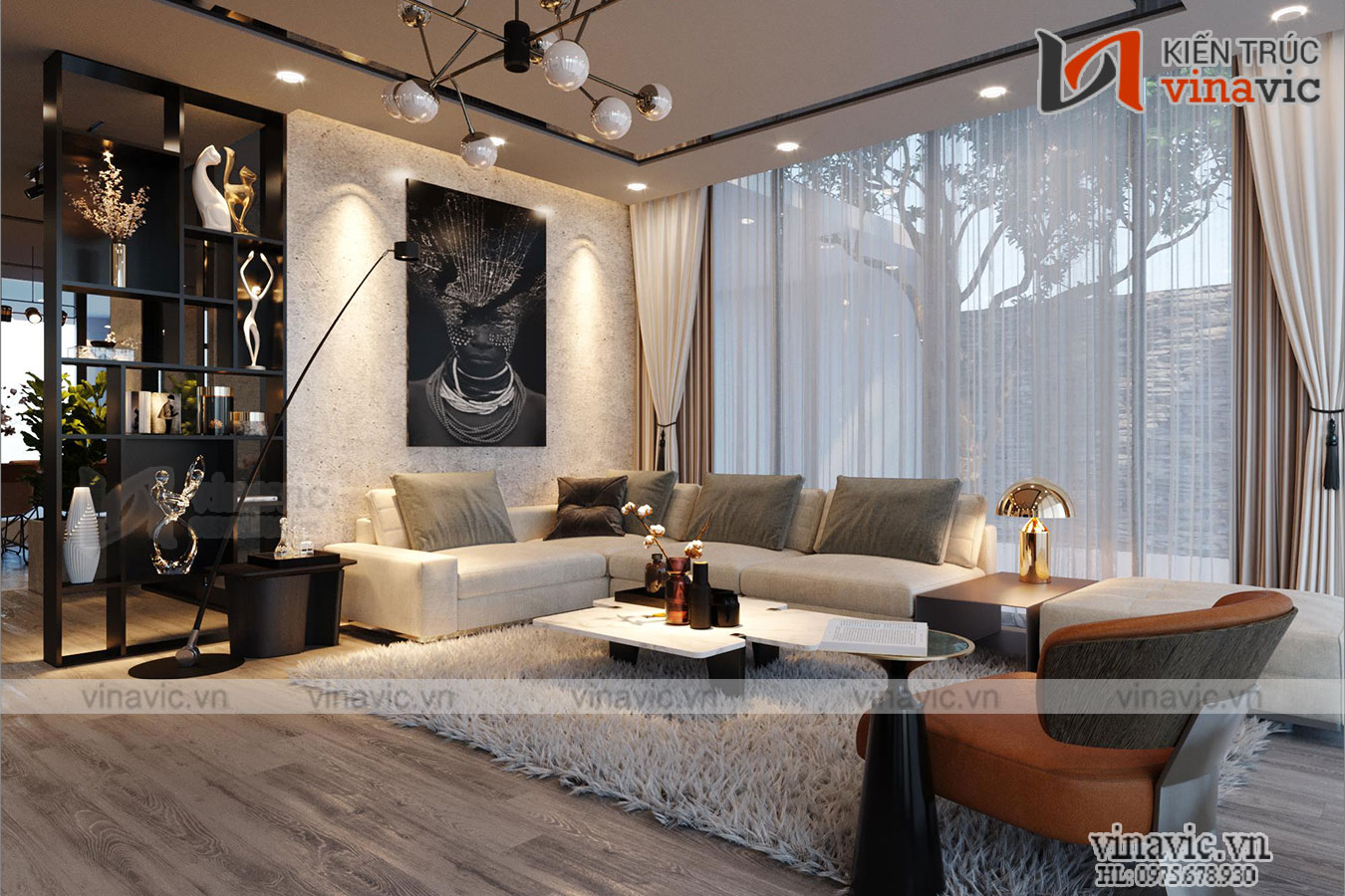 Phòng khách Biệt thự 2 tầng hiện đại 500m2 có hồ cá koi ở Mộc Châu- Sơn La BT2008