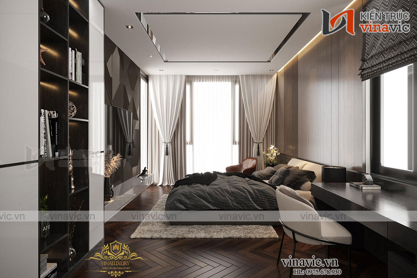 Hình ảnh: Phòng ngủ có hệ cửa lớn cùng với không gian rộng rãi