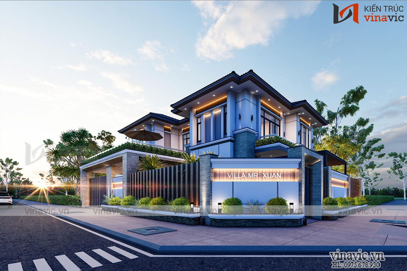 Mẫu nhà 2 mặt tiền 2 tầng hiện đại 1 mặt 11m một mặt 15m BT2018